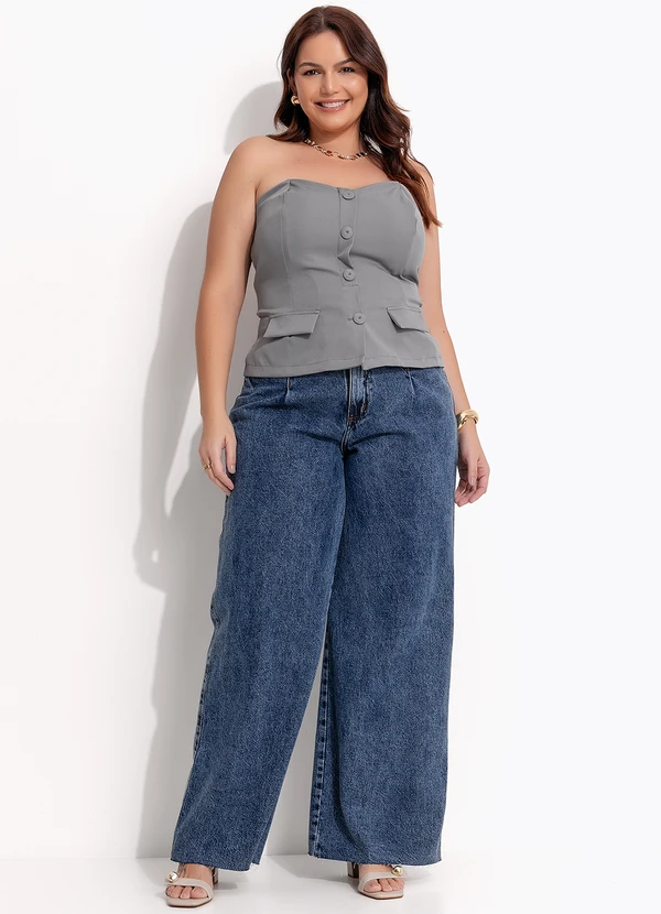 Quintess - Top sem Alça Cinza em Alfaiataria 3