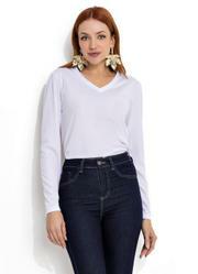 Blusa Branca Manga Longa com Decote em V