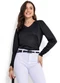 Moda Pop - Blusa Preta Manga Longa com Decote em V - variação: Preta