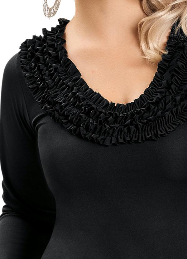 Outlet - Blusa Preta Manga Longa com Detalhe de Babados 3