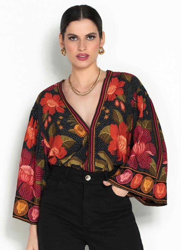 Farm - Body de Viscose Manga Floresta Pontilhada Estampado