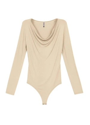 Marialícia - Body Feminino Manga Longa Decote Degagê Bege - MARIALÍCIA