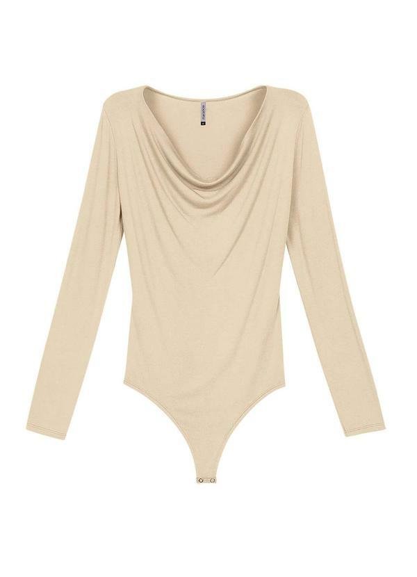 Marialícia - Body Feminino Manga Longa Decote Degagê Bege