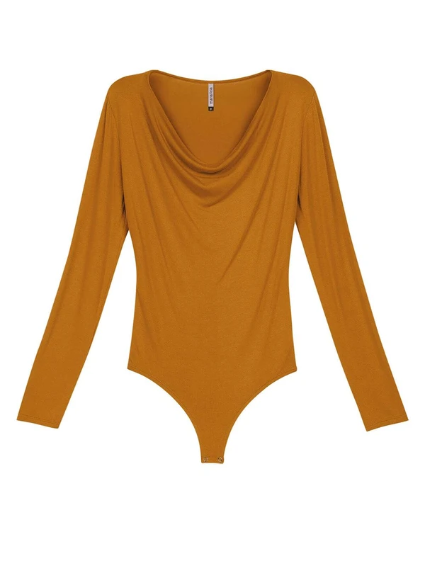 Marialícia - Body Feminino Manga Longa Decote Degagê Marrom
