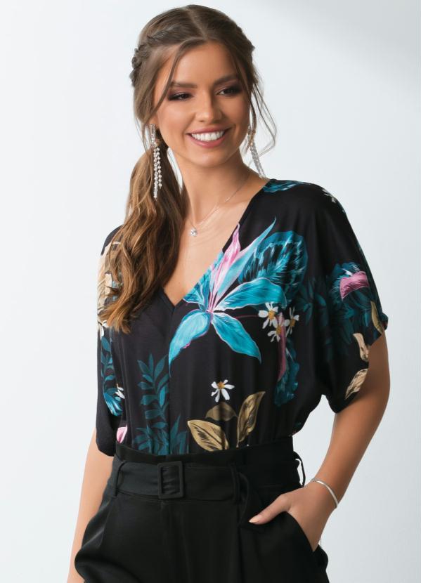 Quintess - Body Floral Preto Decote V e Mangas Amplas 2