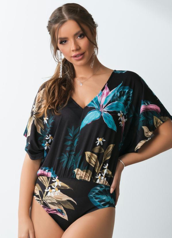 Quintess - Body Floral Preto Decote V e Mangas Amplas 4