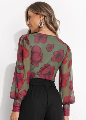Quintess - Body em Tule Floral Transpassado com Manga Longa e Forro - QUINTESS