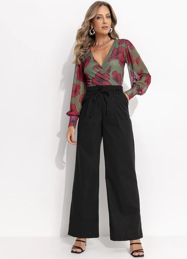 Quintess - Body em Tule Floral Transpassado com Manga Longa e Forro 3