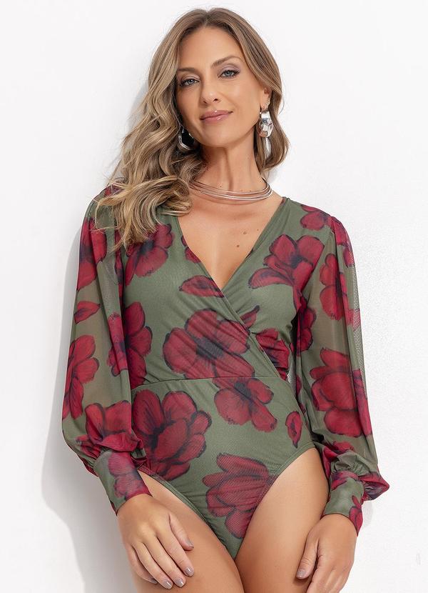 Quintess - Body em Tule Floral Transpassado com Manga Longa e Forro 5