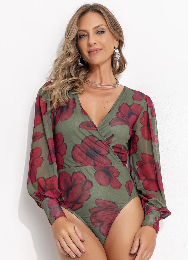Quintess - Body em Tule Floral Transpassado com Manga Longa e Forro 5