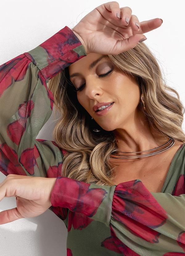 Quintess - Body em Tule Floral Transpassado com Manga Longa e Forro 7