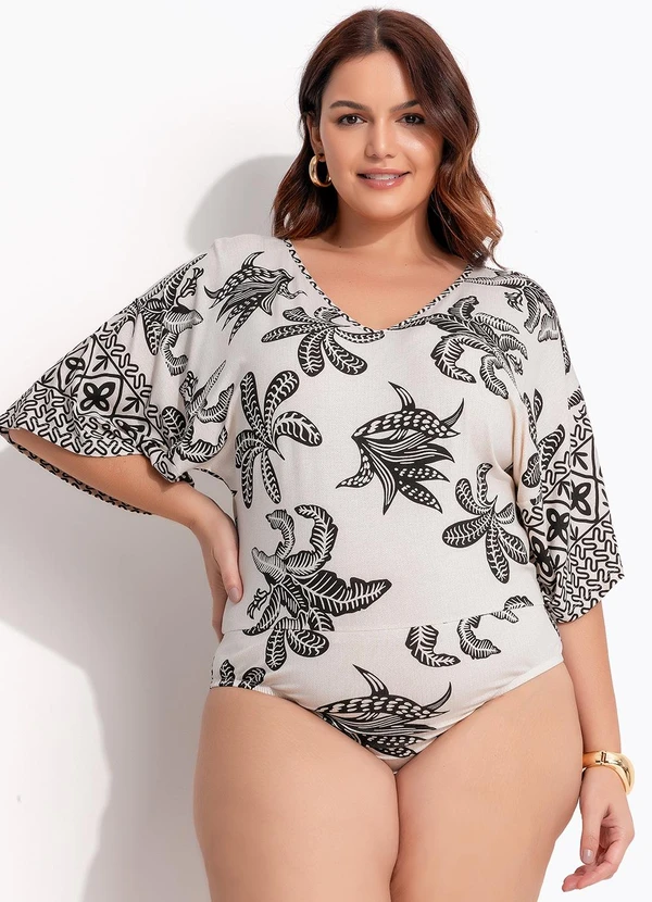 Quintess - Body Estampado Folhagem em Malha de Viscose com Manga Morcego 15