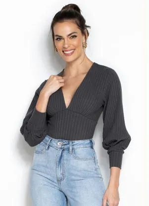 Forum - Body Manga Longa Canelado Cinza - FORUM