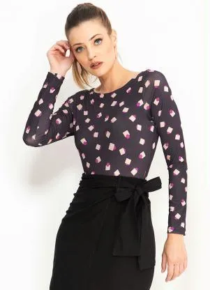 Maria Filó - Body Manga Longa Estampa Cubos Preto - MARIA FILÓ