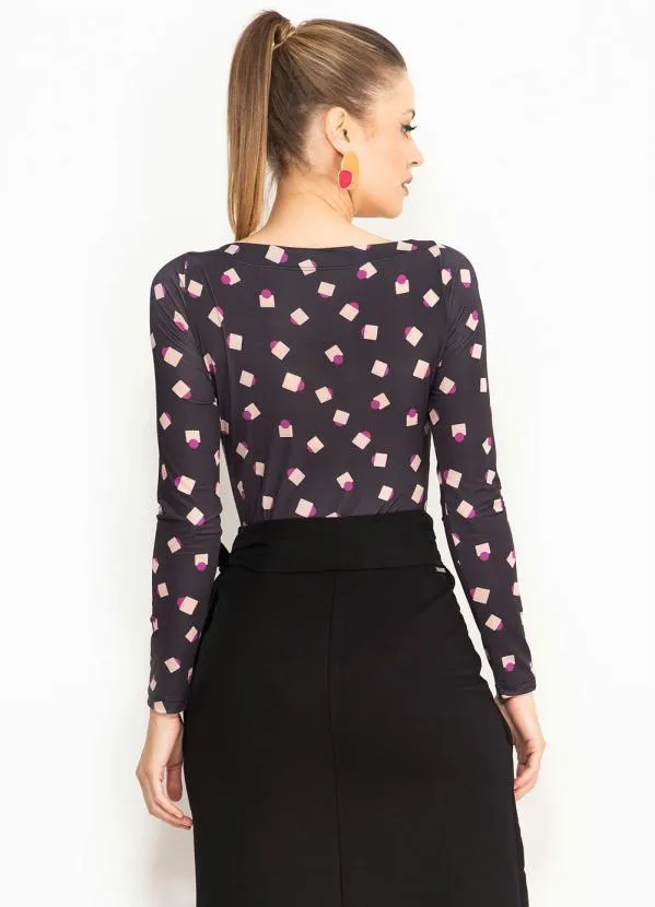 Maria Filó - Body Manga Longa Estampa Cubos Preto 2