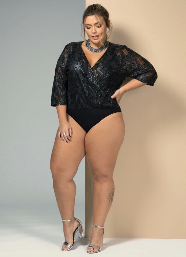 Quintess - Body Transpassado em Paetê Floral Preto 7