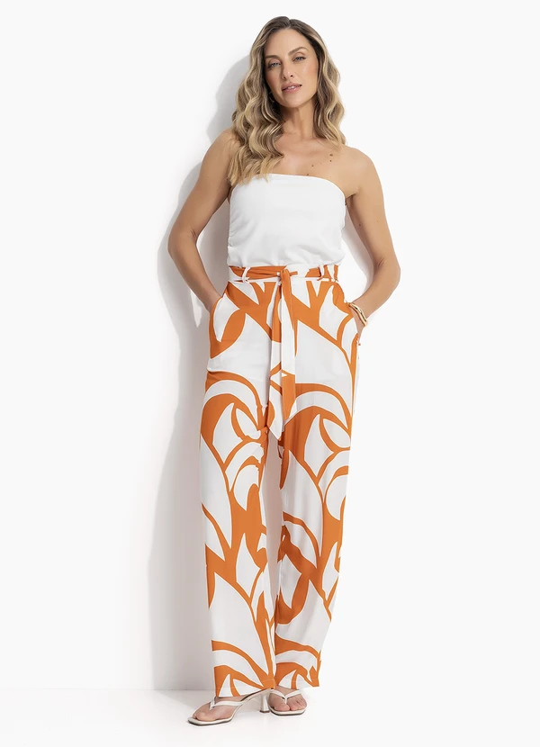 Quintess - Calça Abstrato Laranja em Viscose Plana