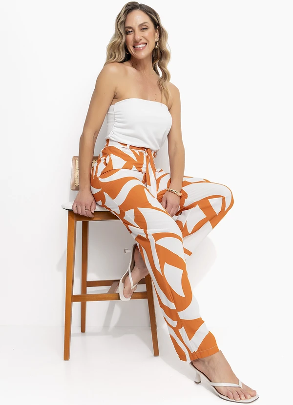 Quintess - Calça Abstrato Laranja em Viscose Plana 6