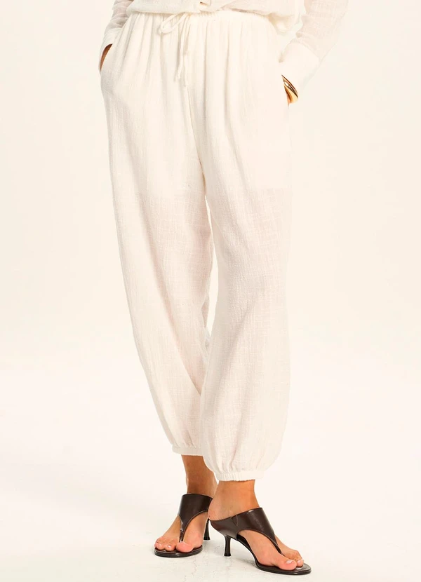 Doce Trama - Calça Aladim Ampla em Algodão Forrada Branco