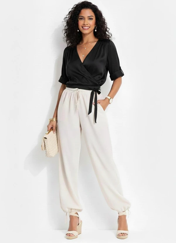 Quintess - Calça Aladim Bege em Crepe Plano 7