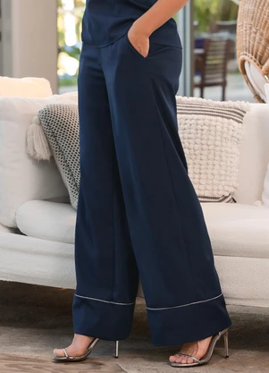 Quintess - Calça Azul Marinho em Crepe Plano - QUINTESS