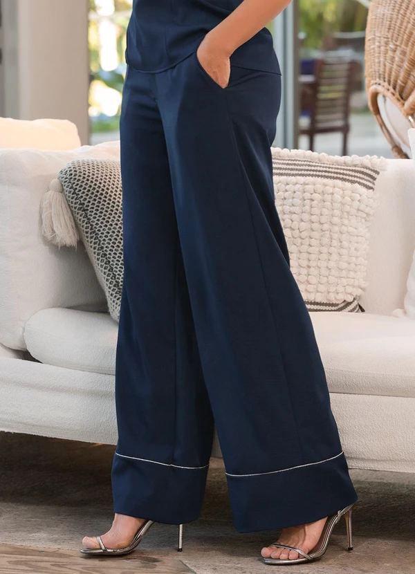 Quintess - Calça Azul Marinho em Crepe Plano