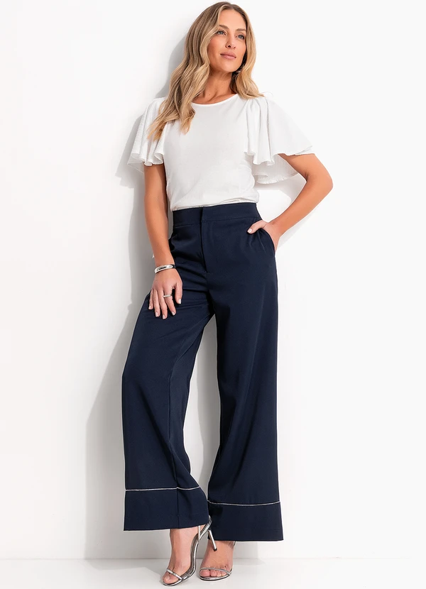 Quintess - Calça Azul Marinho em Crepe Plano 8