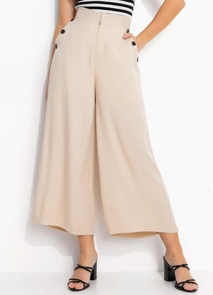 Quintess - Calça Bege Claro em Viscose Plana Sarjada - QUINTESS