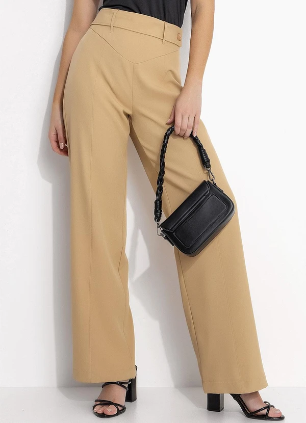 Quintess - Calça Bege em Crepe Plano Sarjado