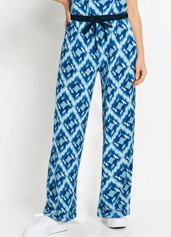 Outlet - Calça Cintura Alta com Amarração Étnico Azul