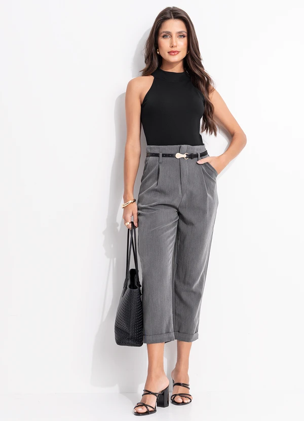 Quintess - Calça Cinza Cenoura Alfaiataria Acompanha Cinto