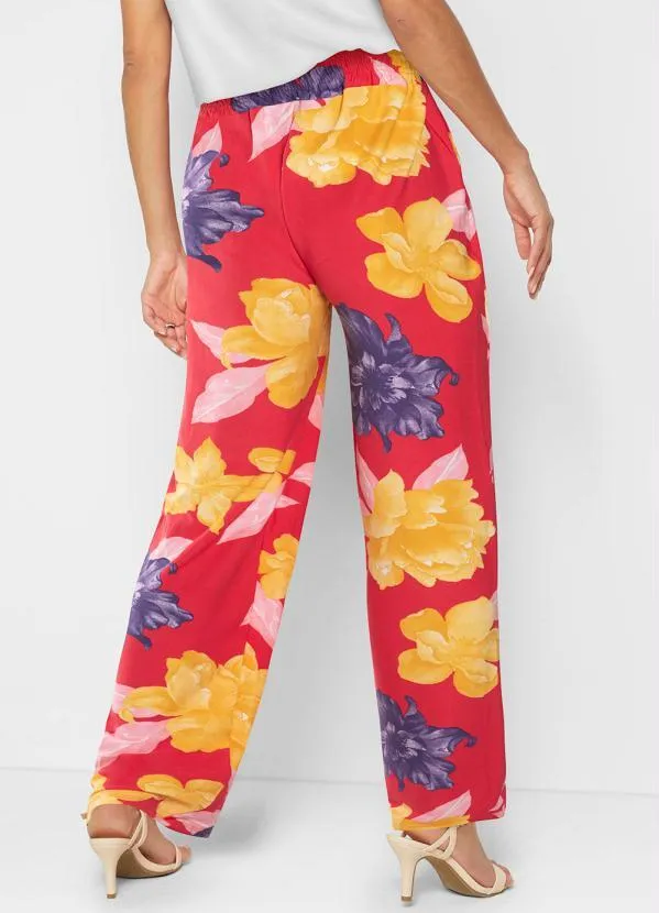 bonprix - Calça com Bolsos e Amarração Floral Vermelho 2