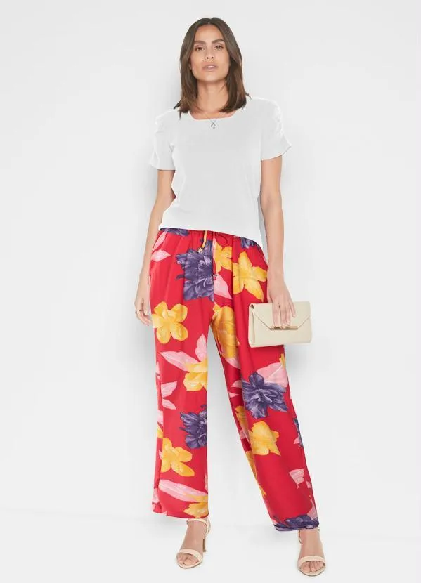 bonprix - Calça com Bolsos e Amarração Floral Vermelho 4