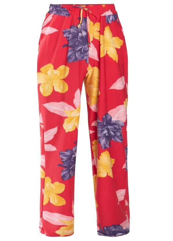 bonprix - Calça com Bolsos e Amarração Floral Vermelho 5
