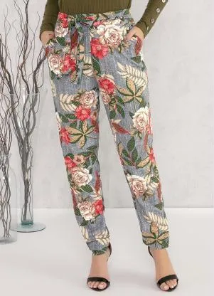 Moda Pop - Calça com Bolsos e Faixa Floral Bege - MODA POP