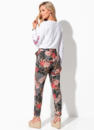 Moda Pop - Calça com Bolsos e Faixa Floral Bege - MODA POP
