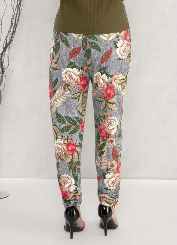 Moda Pop - Calça com Bolsos e Faixa Floral Bege 2