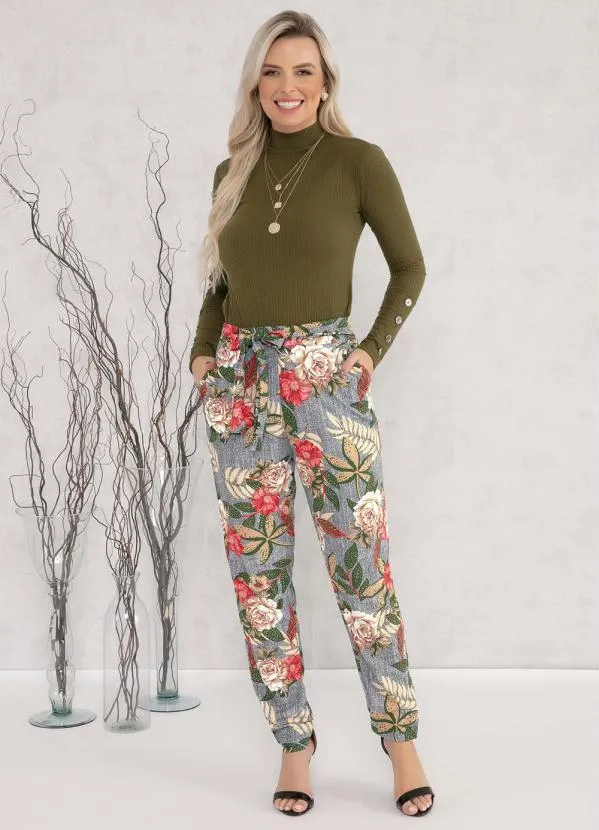 Moda Pop - Calça com Bolsos e Faixa Floral Bege 3
