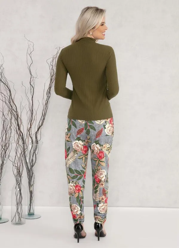 Moda Pop - Calça com Bolsos e Faixa Floral Bege 4