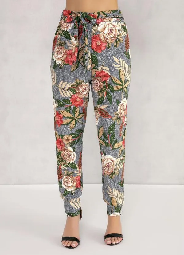 Moda Pop - Calça com Bolsos e Faixa Floral Bege 5