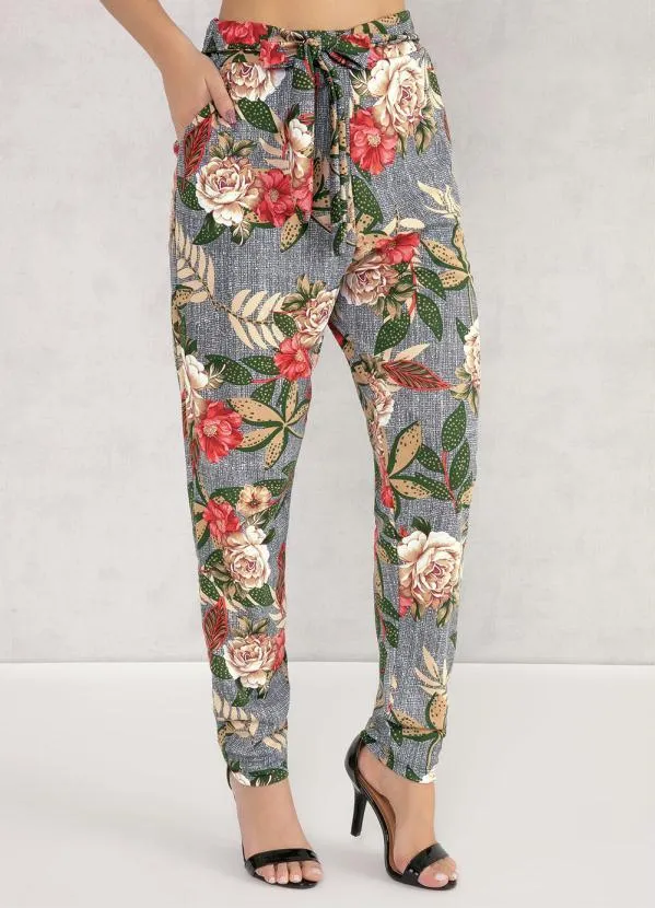 Moda Pop - Calça com Bolsos e Faixa Floral Bege 6