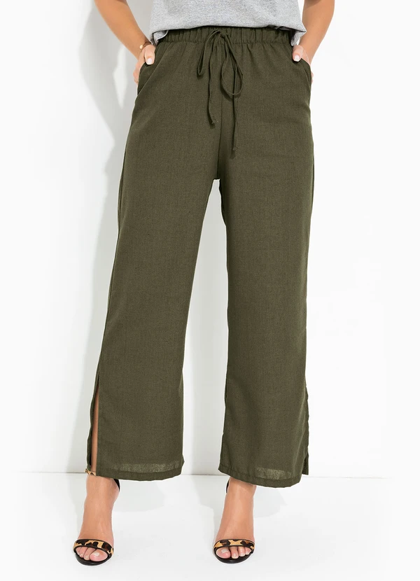 bonprix - Calça com Fenda Cintura Alta Verde Oliva