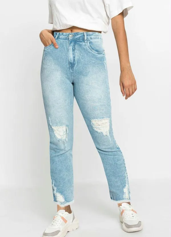 Queima Estoque - Calça Destroyed Cintura Alta Jeans Claro