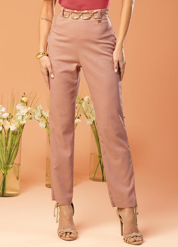 Gris - Calça Feminina de Cintura Alta em Linho Bege