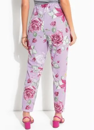 Outlet - Calça Floral Lilás Comk Elástico na Cintura - OUTLET