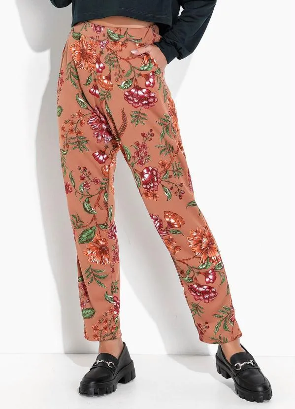 Moda Pop - Calça Floral Marrom com Bolsos Funcionais 3