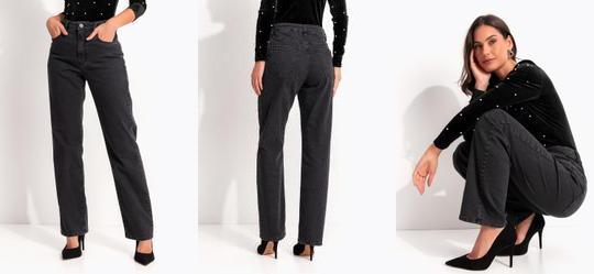 Cal�a Jeans Reta Preta com Cintura Alta e Modelagem Estruturada
