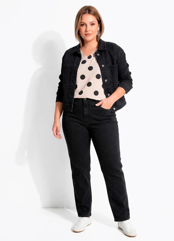 Quintess - Calça Jeans Reta Preta com Cintura Alta e Modelagem Estruturada 12