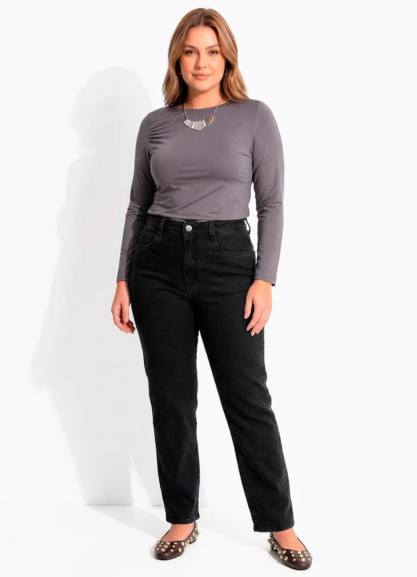 Quintess - Calça Jeans Reta Preta com Cintura Alta e Modelagem Estruturada 14