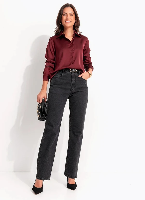 Quintess - Calça Jeans Reta Preta com Cintura Alta e Modelagem Estruturada 8